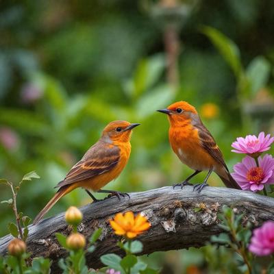 The primary subject of the image is two small birds perched on a branch. The setting is a garden with flowers, creating a serene and natural atmosphere. The visual style is a photo, capturing the birds in their natural environment. The colors and mood are predominantly warm and vibrant, with the flowers adding a touch of color and life to the scene.